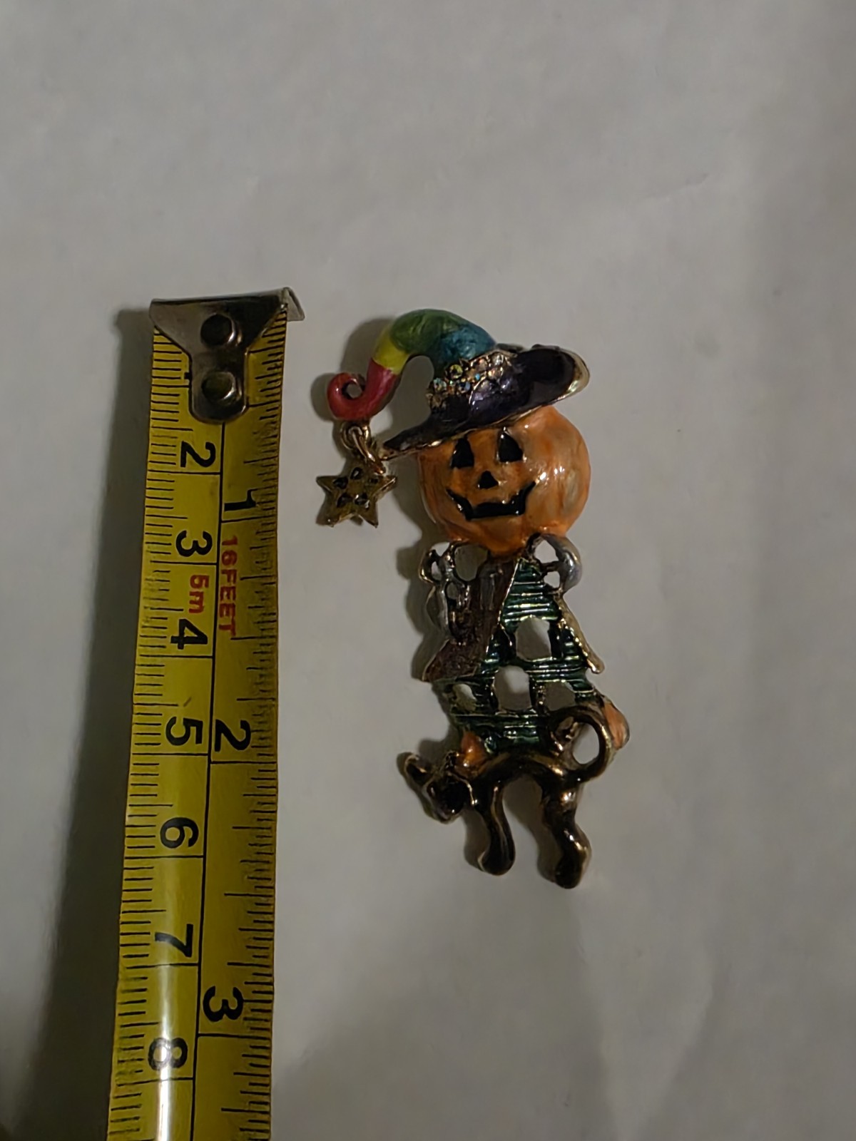 Halloween Pumpkin Head Figural Brooch Pin Enamel Clear Rhinestones 2.5 in