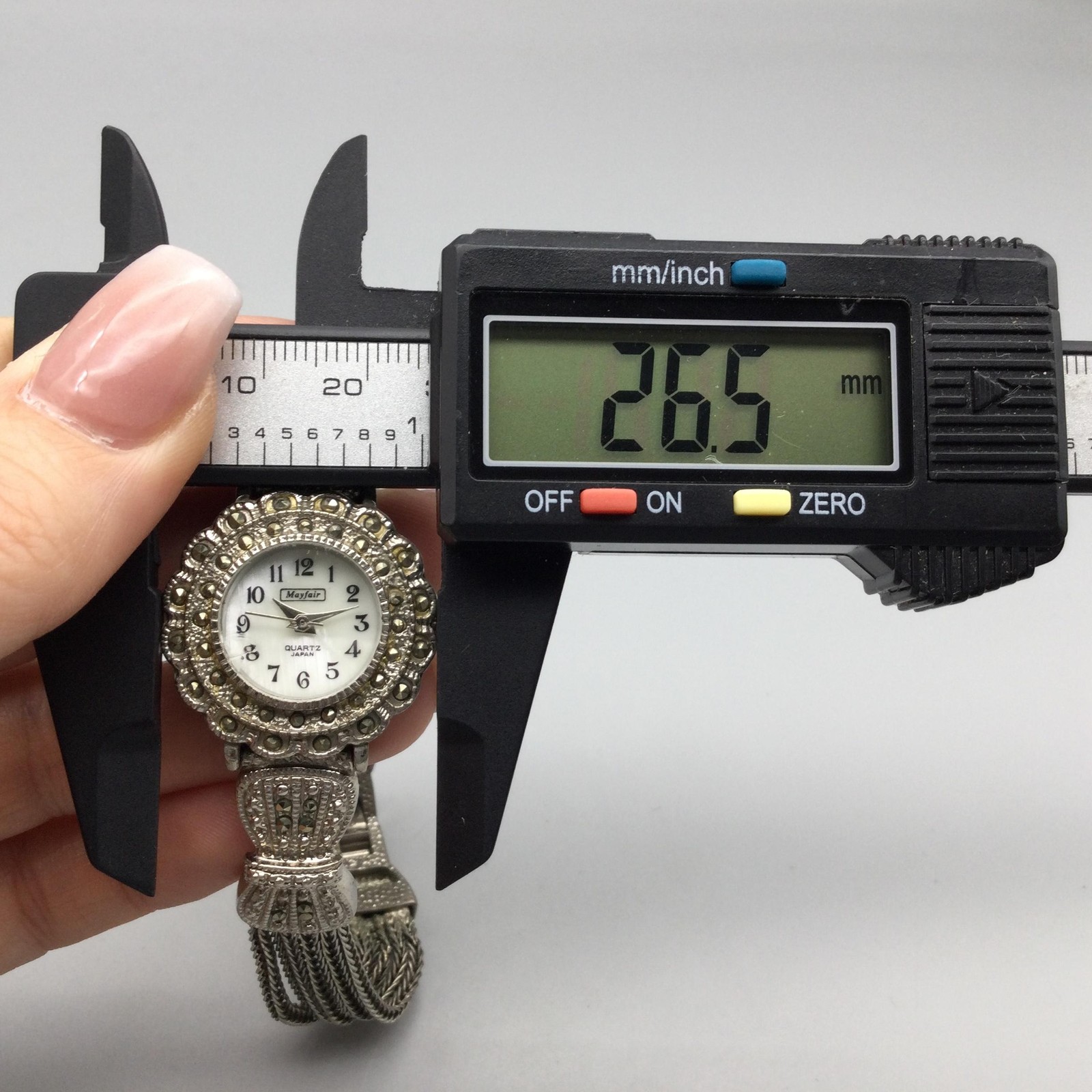 Mayfair Womens Watch 27mm White MOP Dial Silver Tone Marcasite New Battery 7.25″