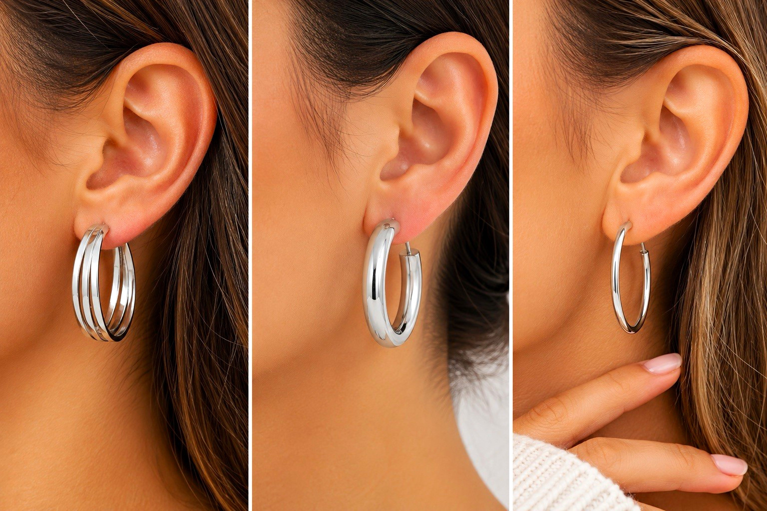 Silver Tone Round Hoop Earrings Set 3 Pairs Hinged Closure No Stone Metal