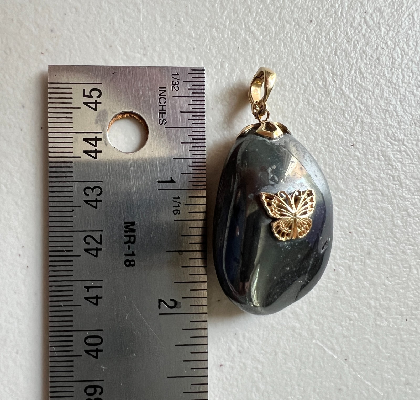 14K bale & butterfly hematite stone pendant 1 3/4 inches x 1.0 inch