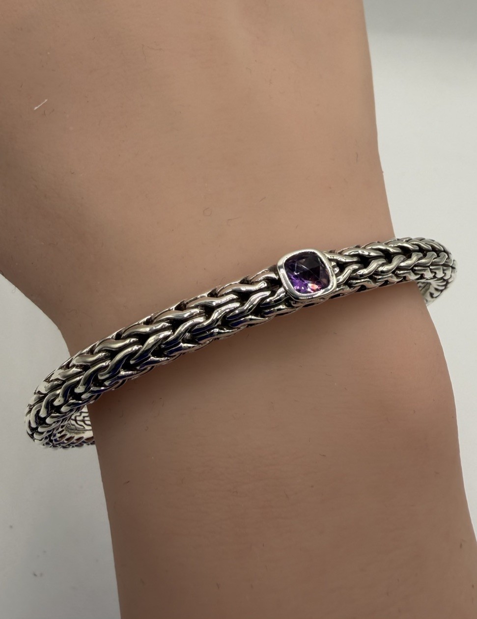 John Hardy 925 Sterling Silver & Purple Amethyst Cuff Bracelet 6.3mm 27.8g Sz 7