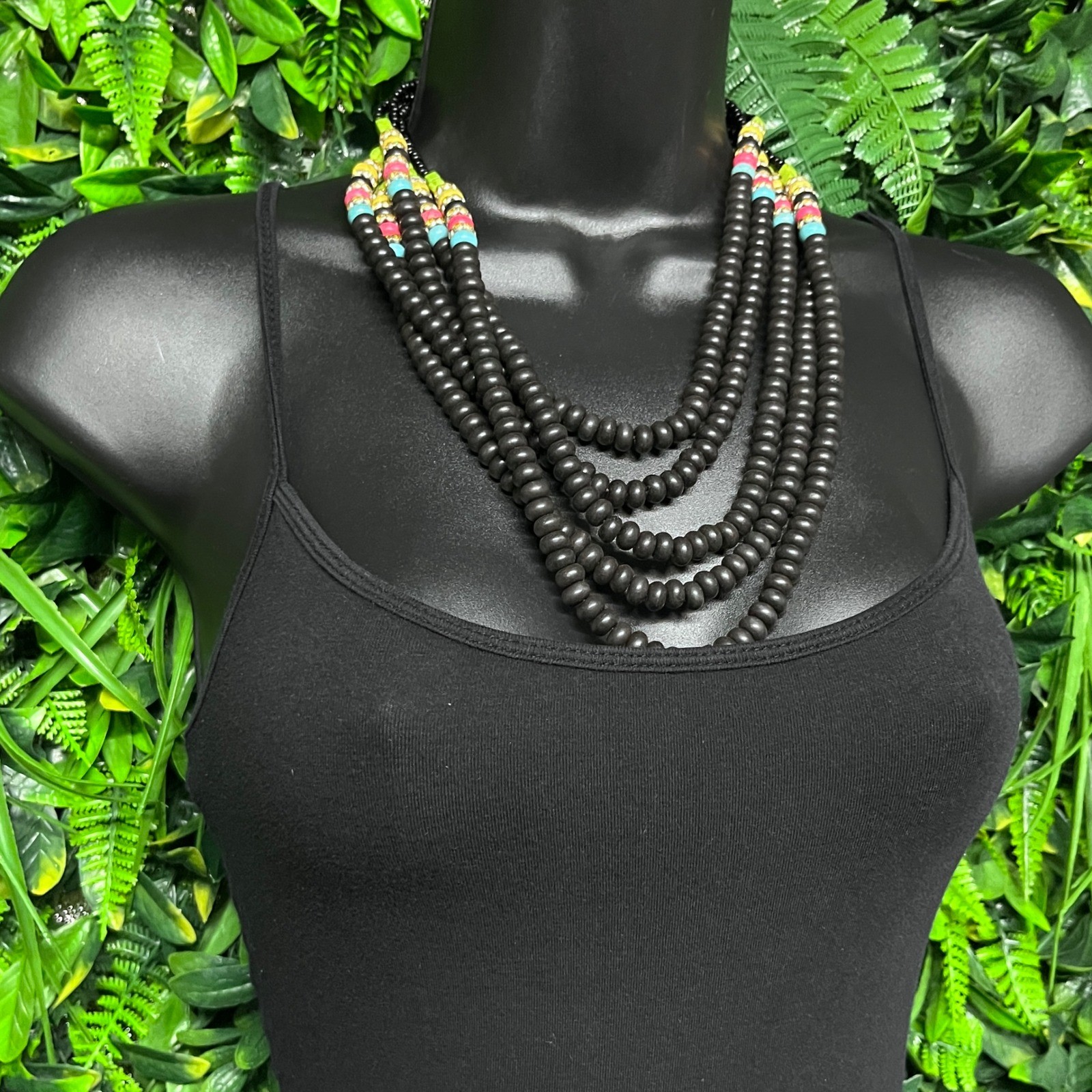 Multi Strand Beaded Necklace Black Pink Green Blue Statement Adjustable 3817