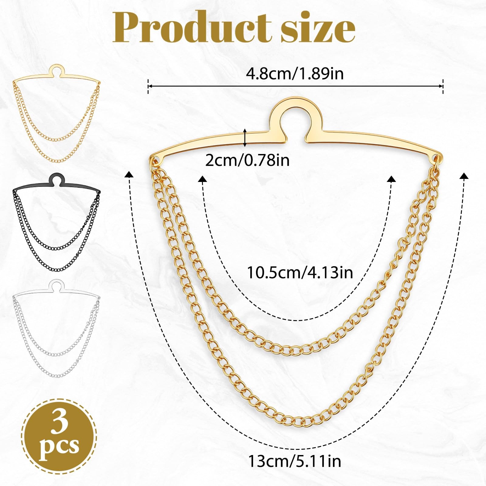 3 Pack Tie Chain for Men, Double Necktie Chains 3 Pack, gold, silver, black