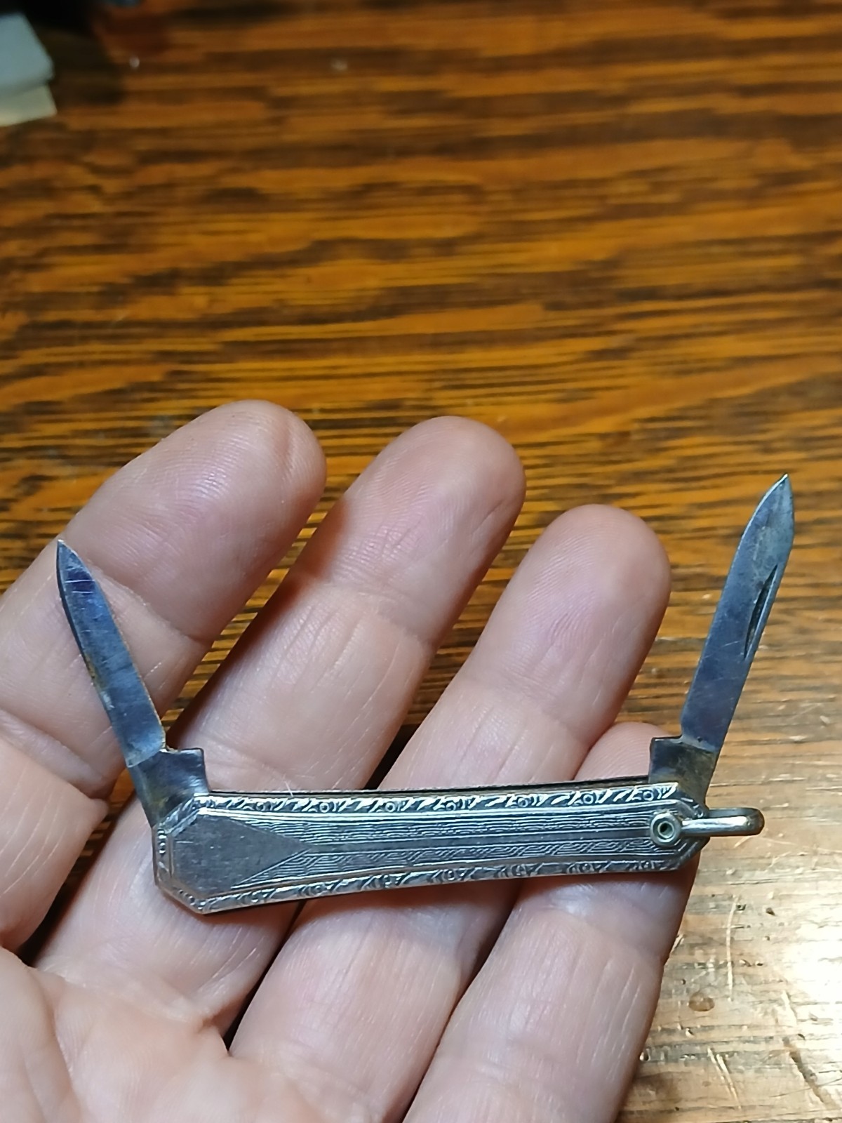 Vintage Sterling Silver Pocket Watch Fob Art Deco Engraving Folding Knife 2Blade