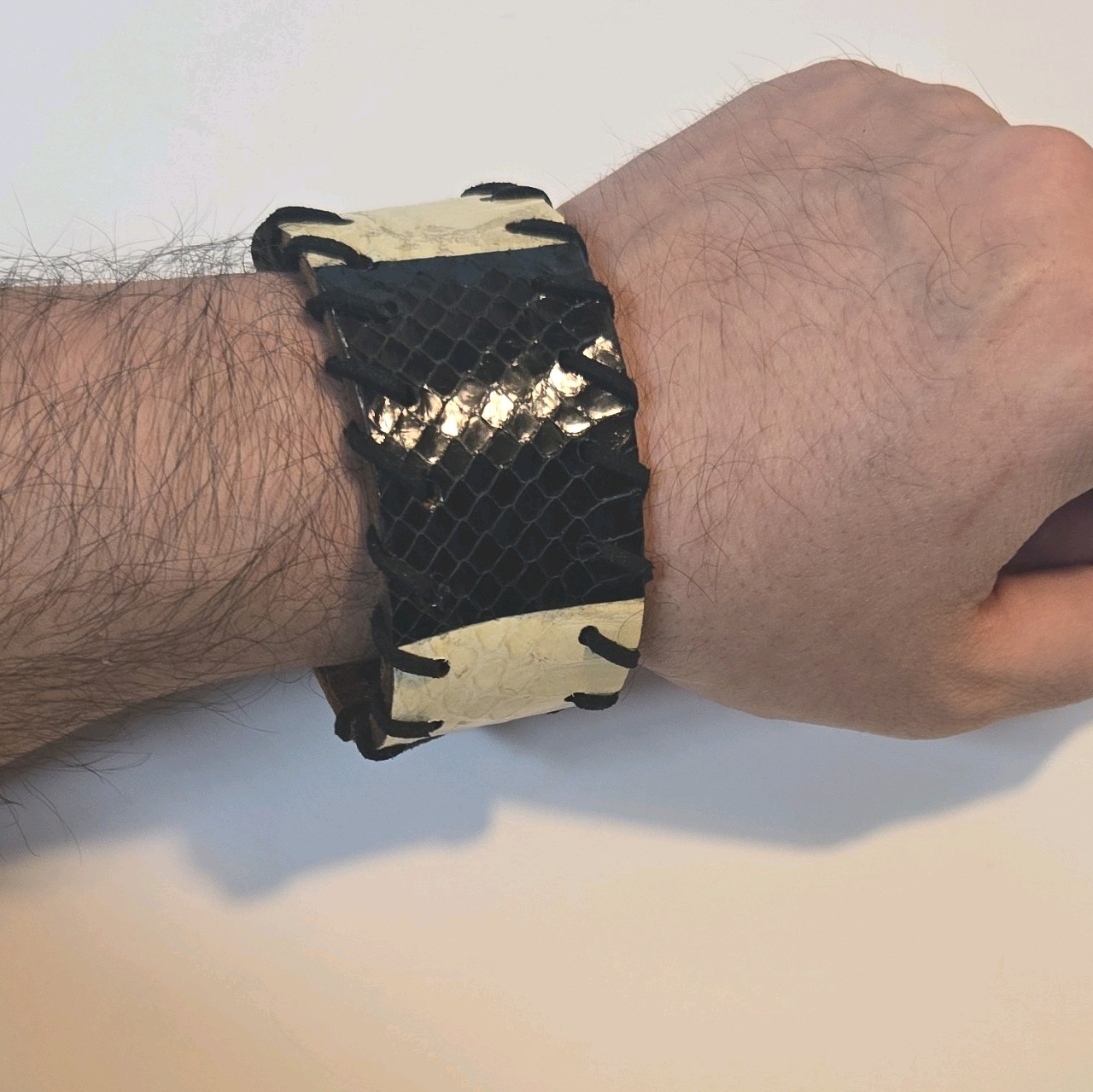 REAL Snakeskin Leather Cuff Style Bracelet, Snap Closure, 8.75 in (Black/White)