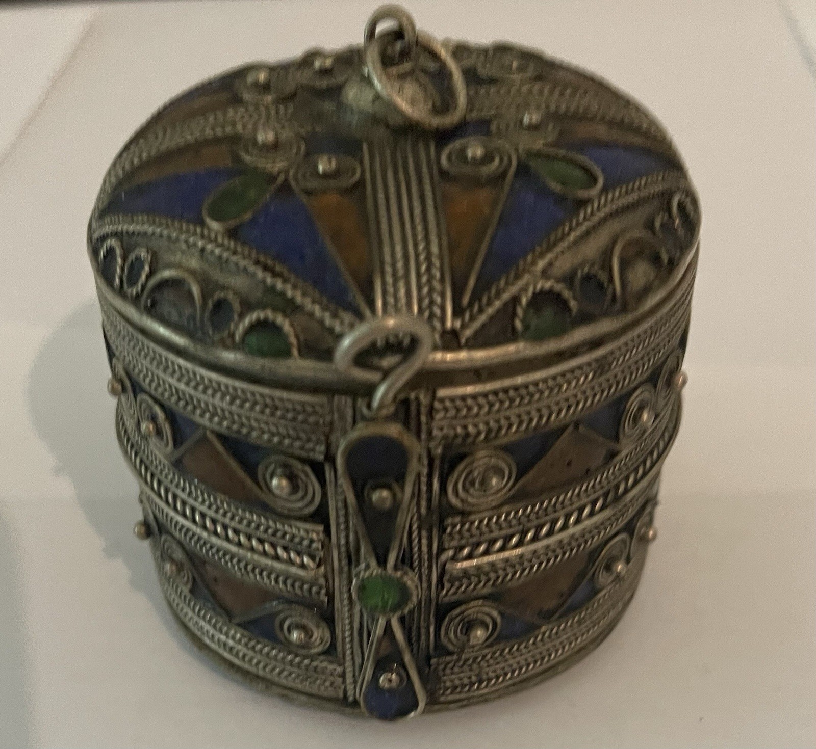 Antique Handcrafted Blue-Brown-Green Enamel Moroccan Berber Bracelet Jewelry Box