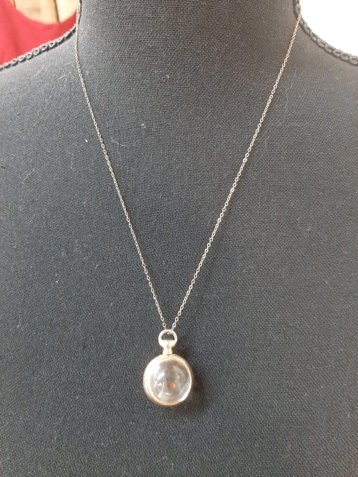 Vintage Mustard Seed Pendant in glass or acrylic ball. Goldtone fitting & chain.
