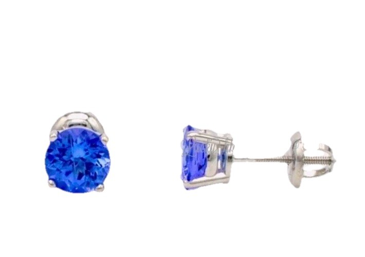 14k White gold stud screwback Round Tanzanite earring AAA 1.06 carats USA 5mm