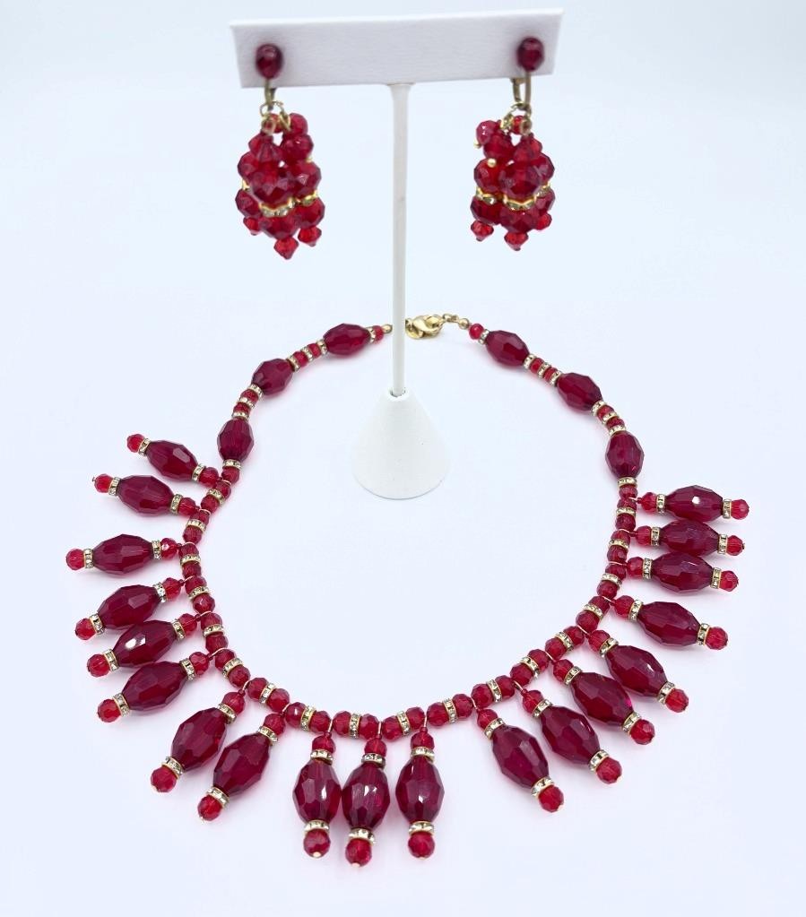2 Pc Matching Set Signed Anka Ruby-Red Beaded Rhinestone Necklace & Earrings