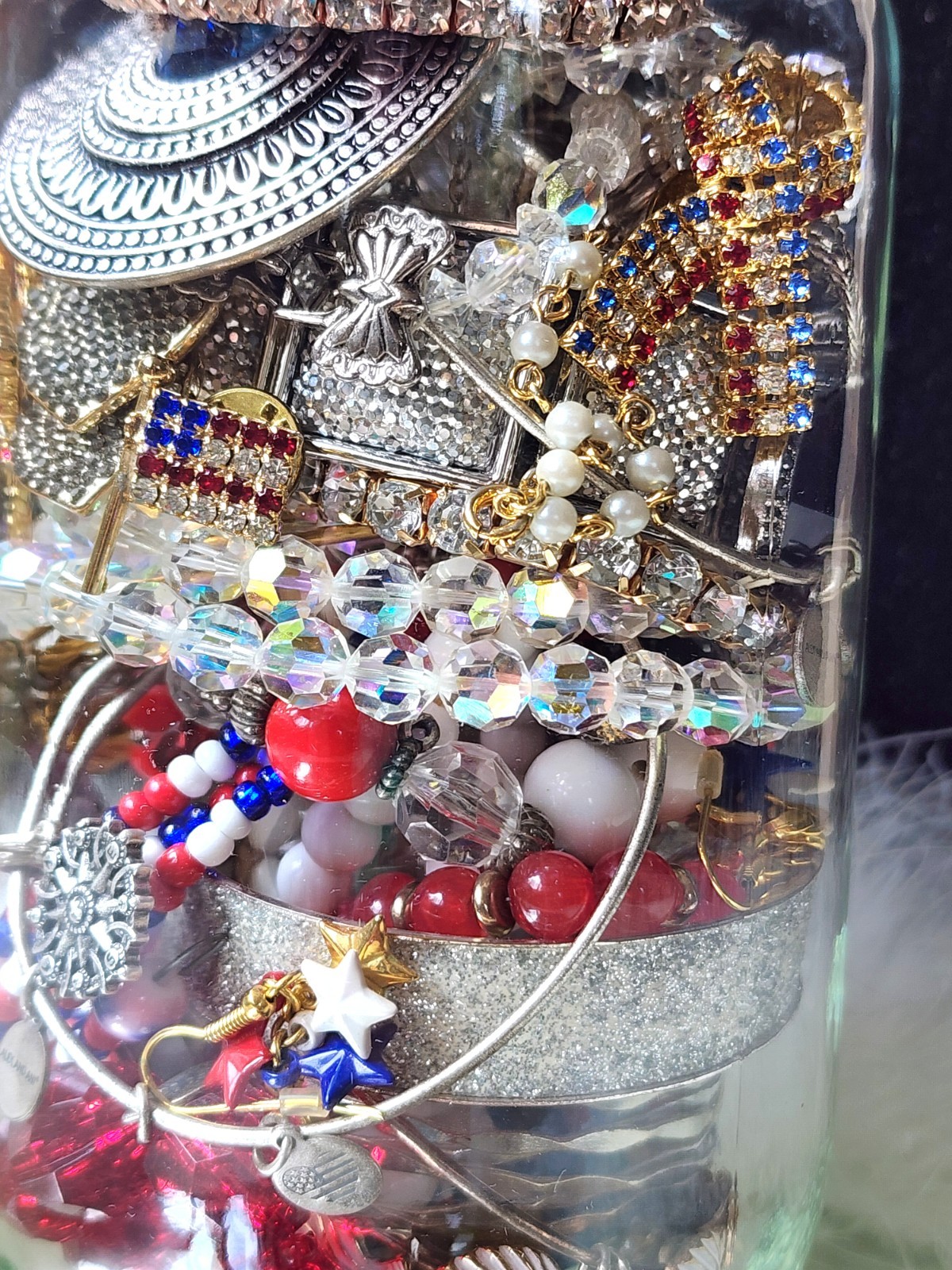 🧨Large Mystery Jewelry Jar Lot-Red White & Blue Americana -Rhinestone Flag Pins