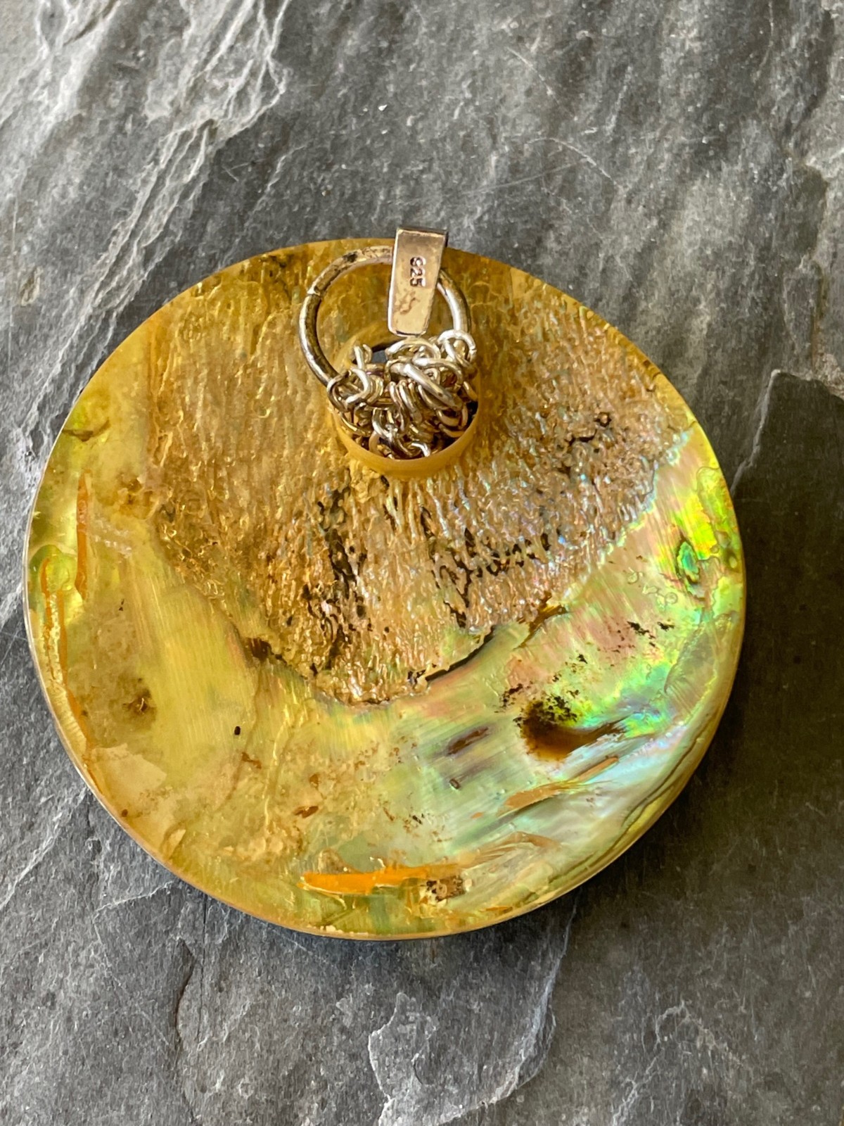 Vintage Abalone Shell Carved Pendant 925 Bail Fun Qwerky Colorful Estate Vtg