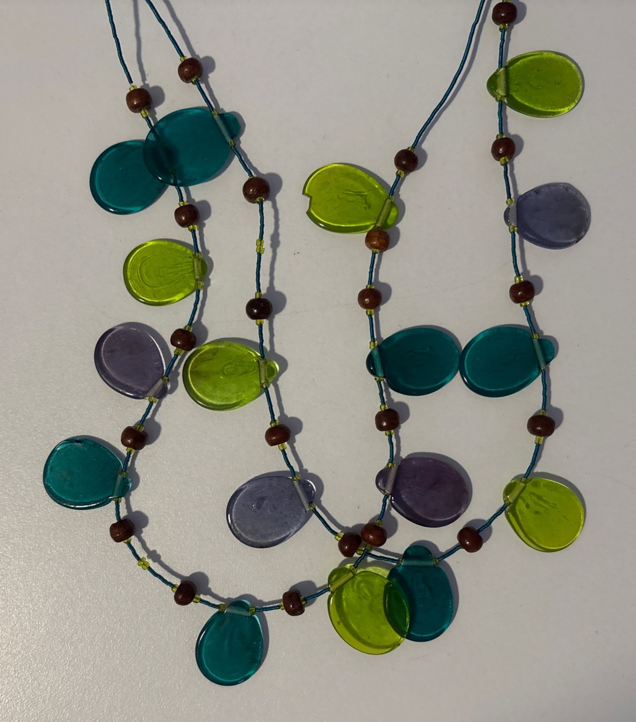 Vintage Glass Beaded Multi Strand Green Blue Purple & Brown Wood Necklace 28″