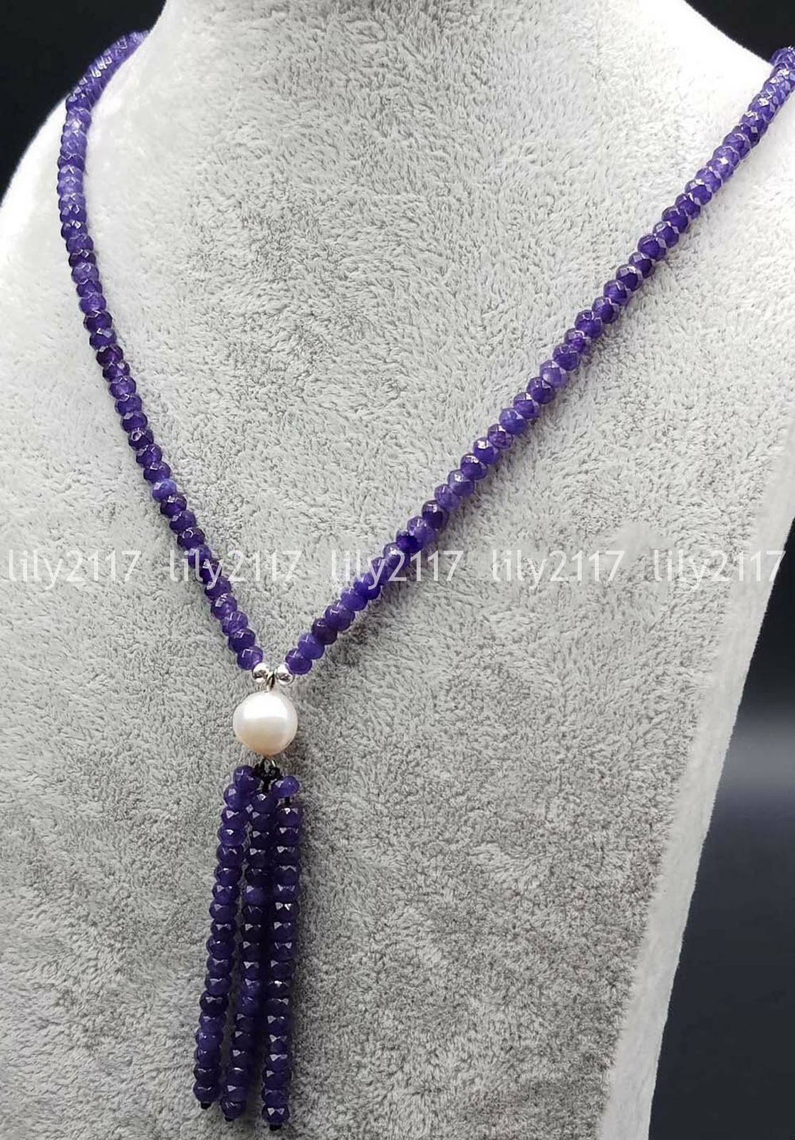 Faceted 2x4mm Amethyst Gemstone & 9-10mm White Akoya Pearl Pendant Necklace 18”