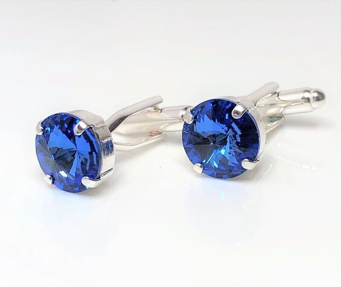 Round Cut Lab Created Blue Sapphire Men’s Cufflink 14K White Gold Plated