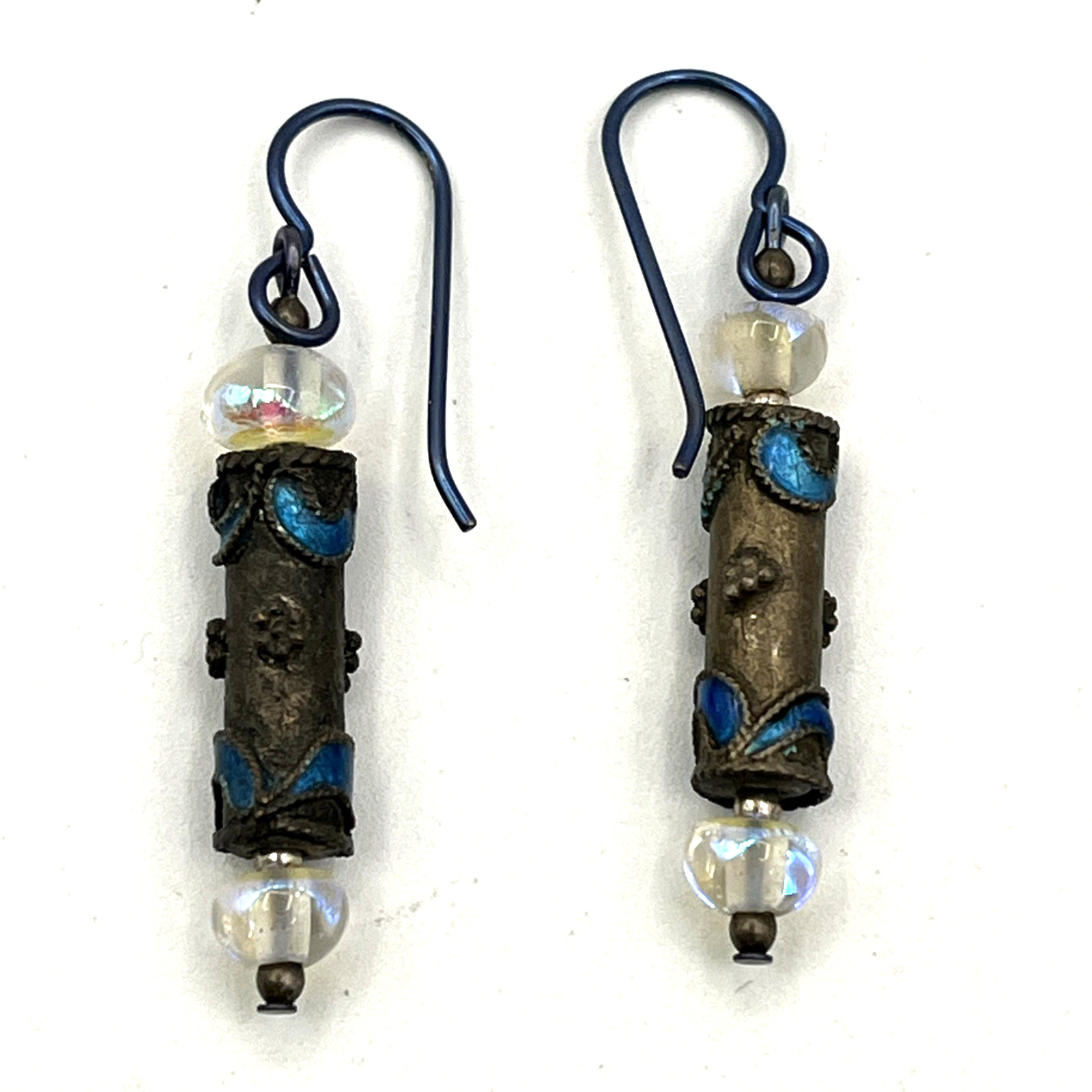 Vintage Chinese Export Blue Enamel Earrings 1.75″