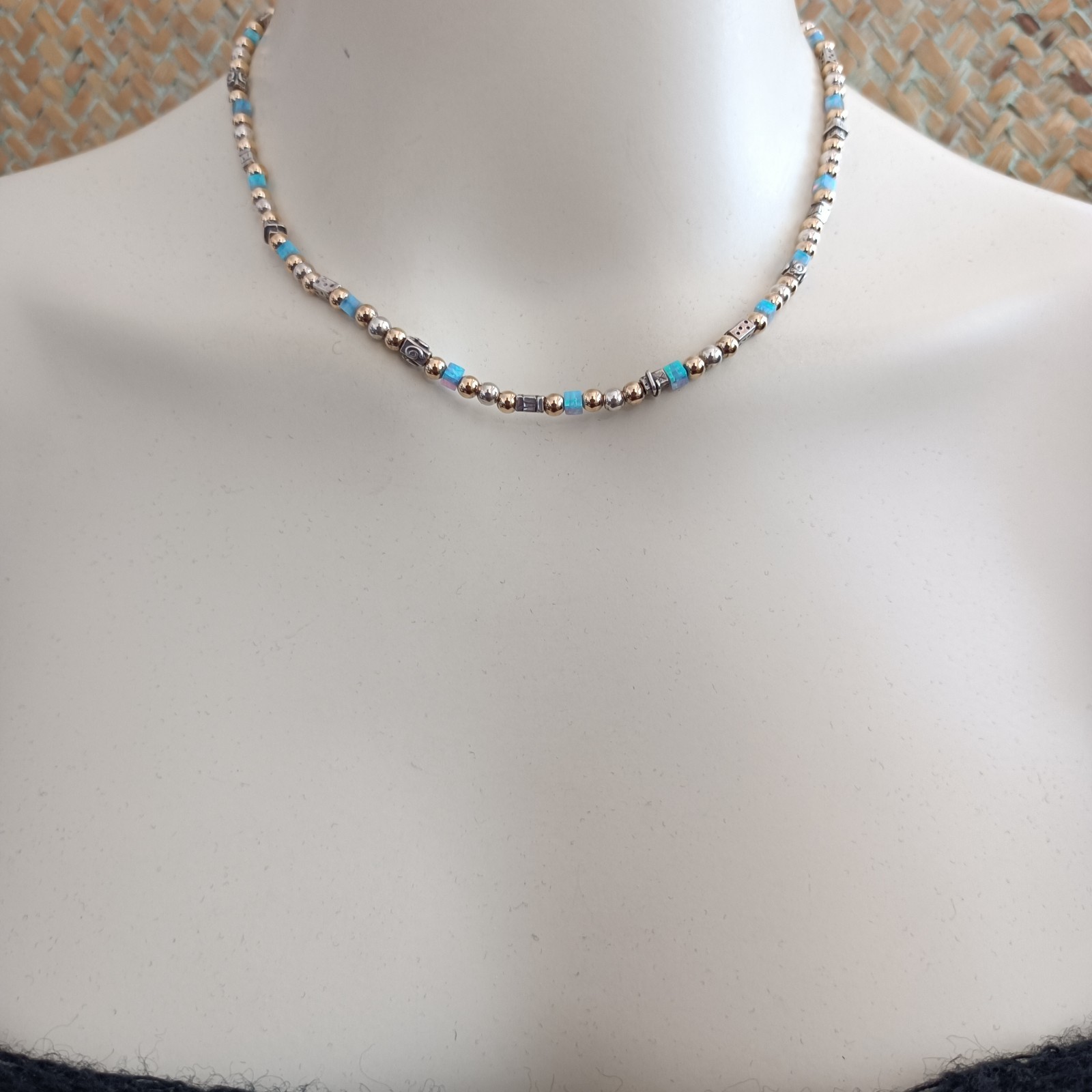 Israeli Modernist Necklace Sterling Silver Gold Filled Artisan Chic Blue Stone