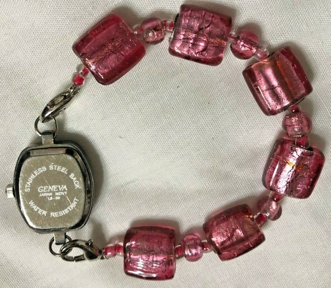 Geneva watch w rose pink glass acrylic bracelet band approx 6 inches