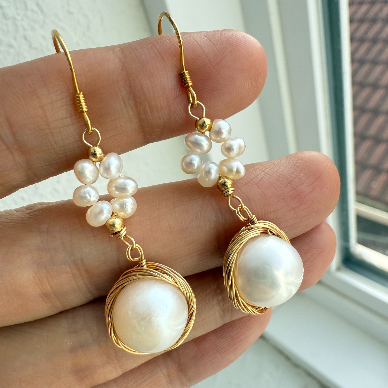 Natural Freshwater Pearl Earrings 925 Sterling Sliver Wire Wrapped Handmade Drop