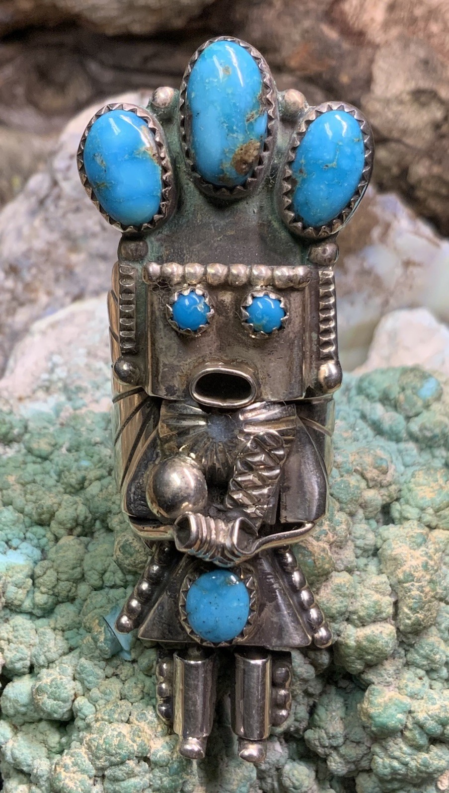 Navajo “Doris Smallcanyon” Sterling Silver & Turquoise Kachina Ring, 16.3g