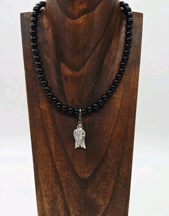 Kirks Folly Necklace Expect Miracles Angel Wing Black Beaded Silver tone 8 mm