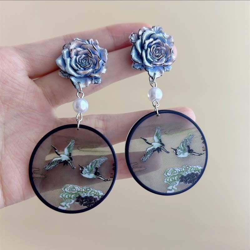New Blue Rose Crane Earrings Chinese Earrings for Women
