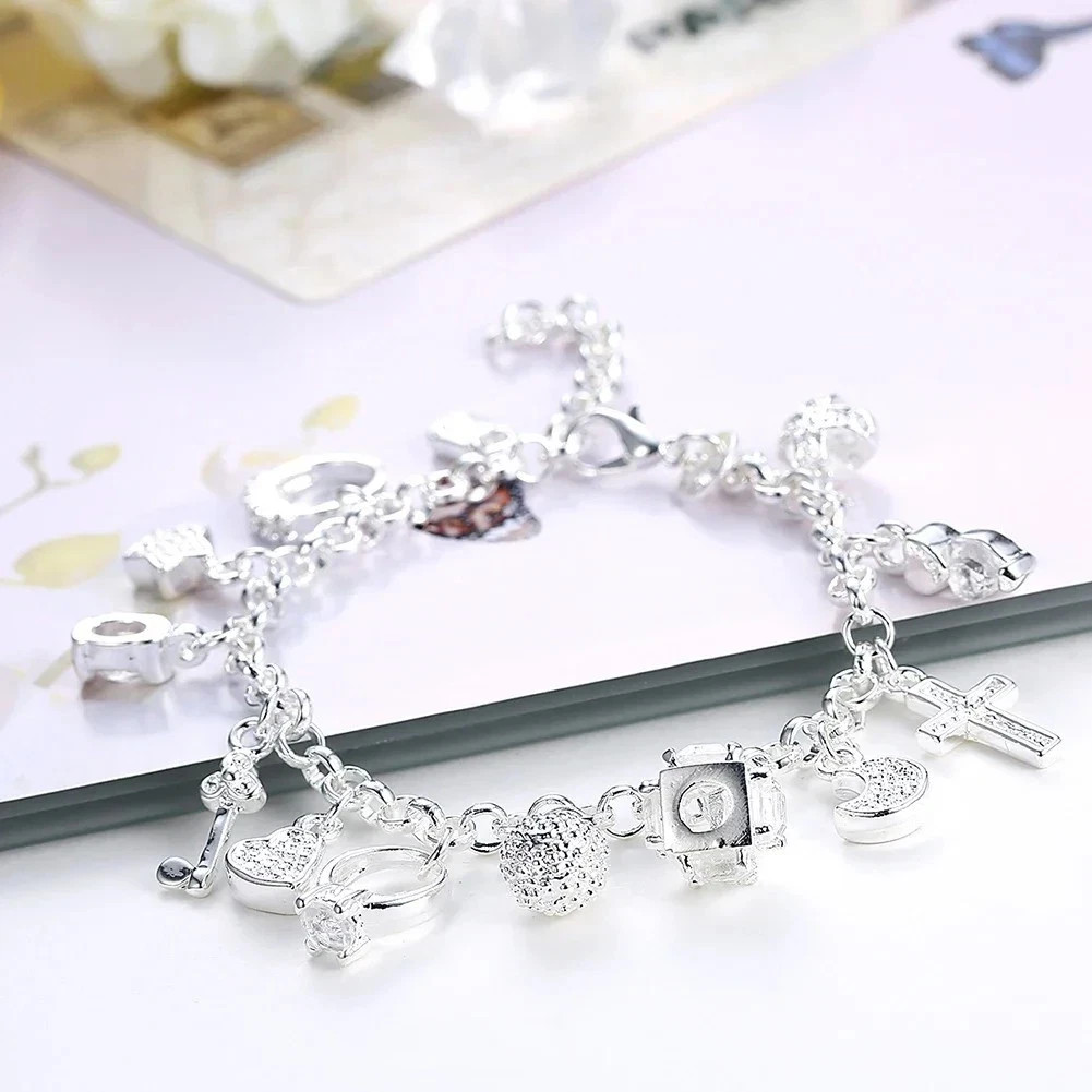 Women 925 Silver Heart Bracelet Cubic Zirconia Chain Gift Jewelry 20cm
