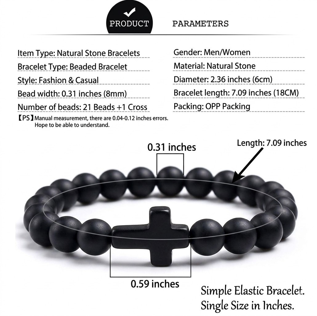 Charm Natural Stone Bracelet Cross Black Lava Matte Beaded Bracelets Handmade