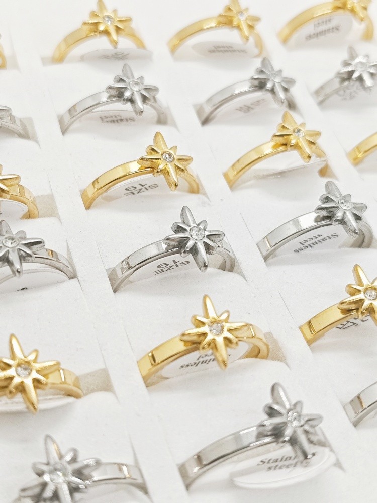 36 Pcs North Star Zircon Stainless Steel Rings Two Tone Stackable Women Jewelry