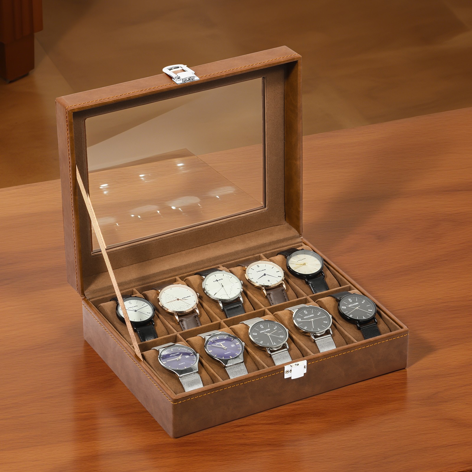 10 Slots Watch Box PU Leather Display Case Jewelry Organizer Box w/Glass Lid NEW