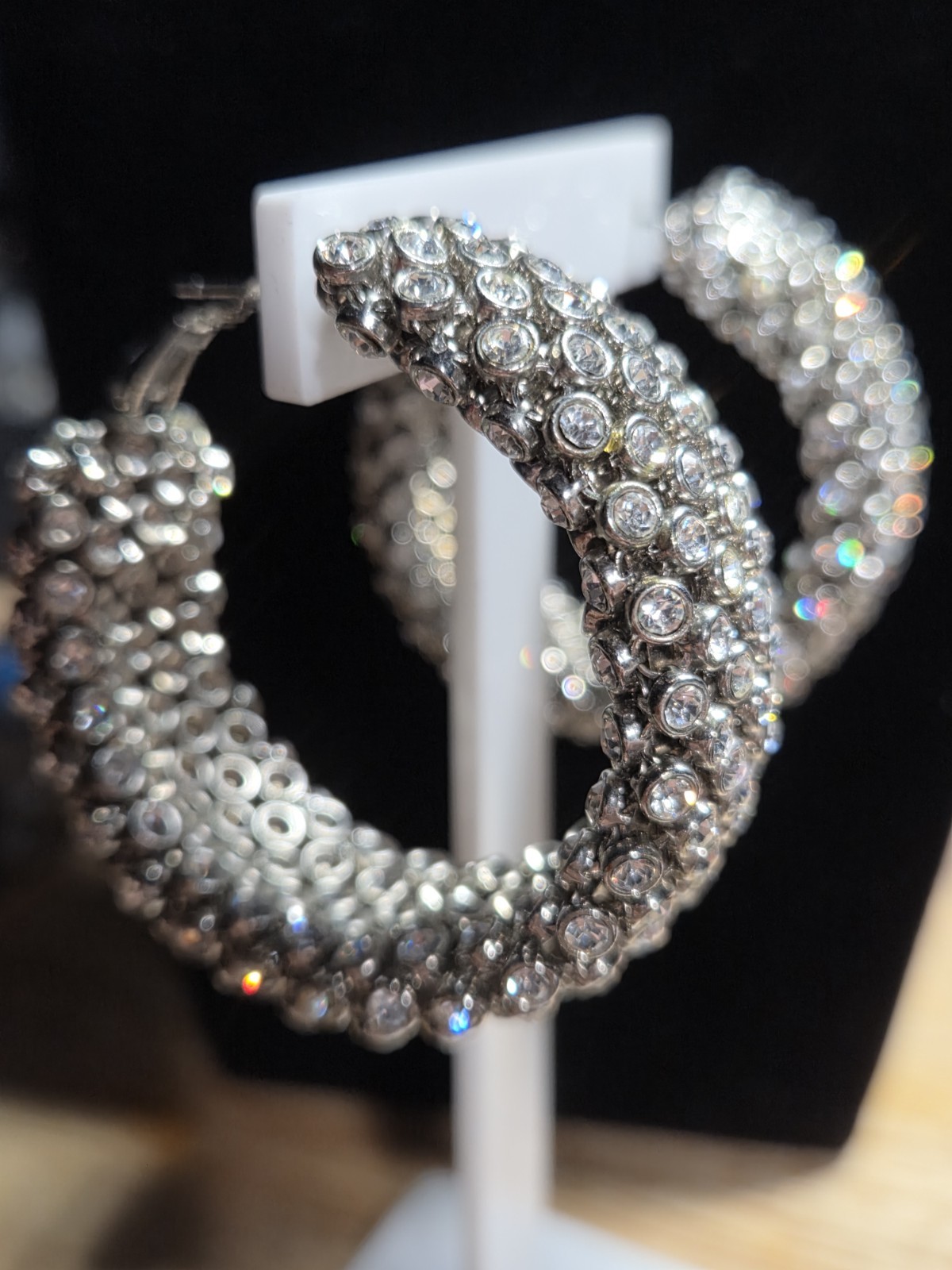 Silver Tone Clear Rhinestone Wide Hoop Earrings 2″ Sparkly Latch Back