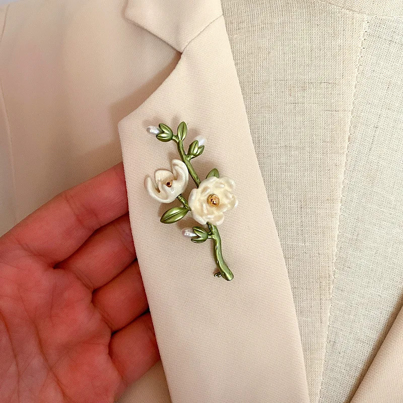 Green Color Plant Pearls Pin Tree Lotus Leaf Blueberry Cherry Flower Brooch