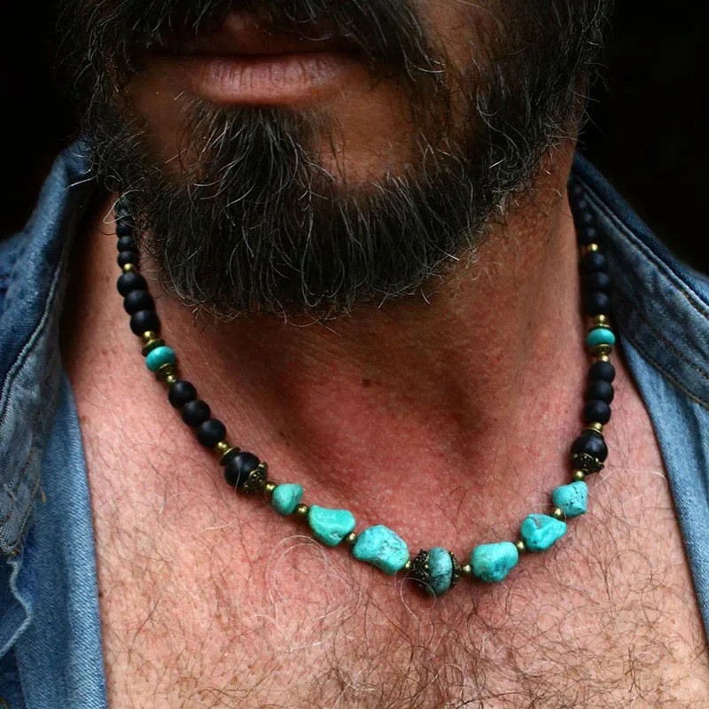 Dainty Blue Turquoise Choker Irregular Black Onyx Healing Men Gemstone Necklace