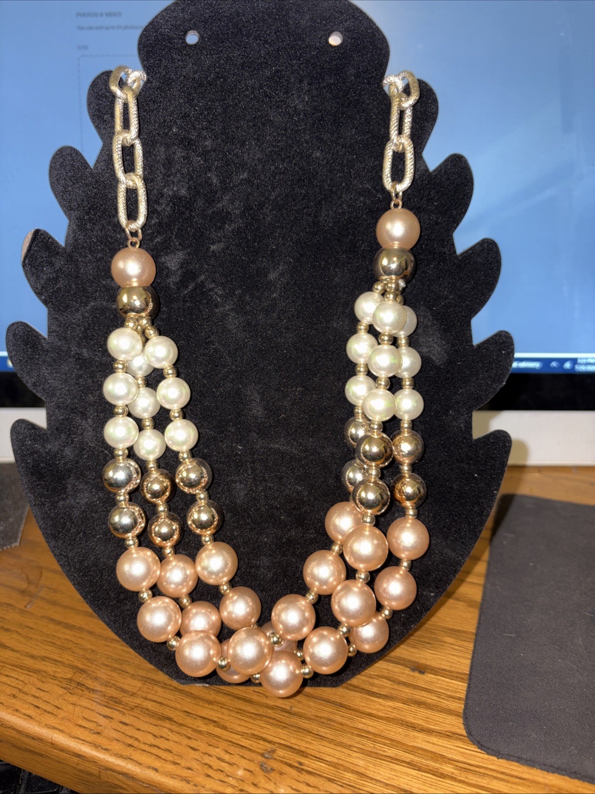 vintage pink champagne&cream faux pearls,multi strand.gold tone accented beads