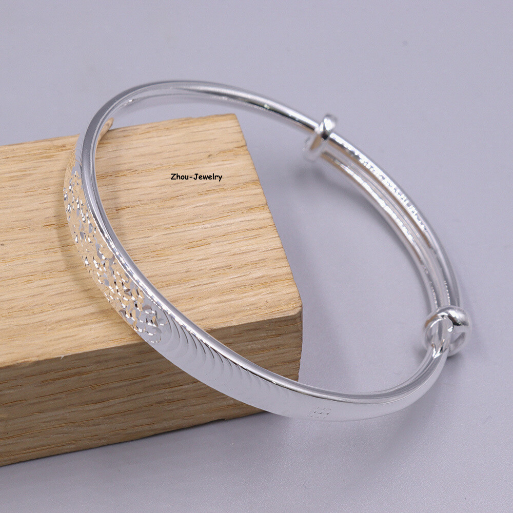 Real S999 Fine Silver 999 Women 6.5mm Lucky Laser Figure Bangle 25-26g 55-61mm