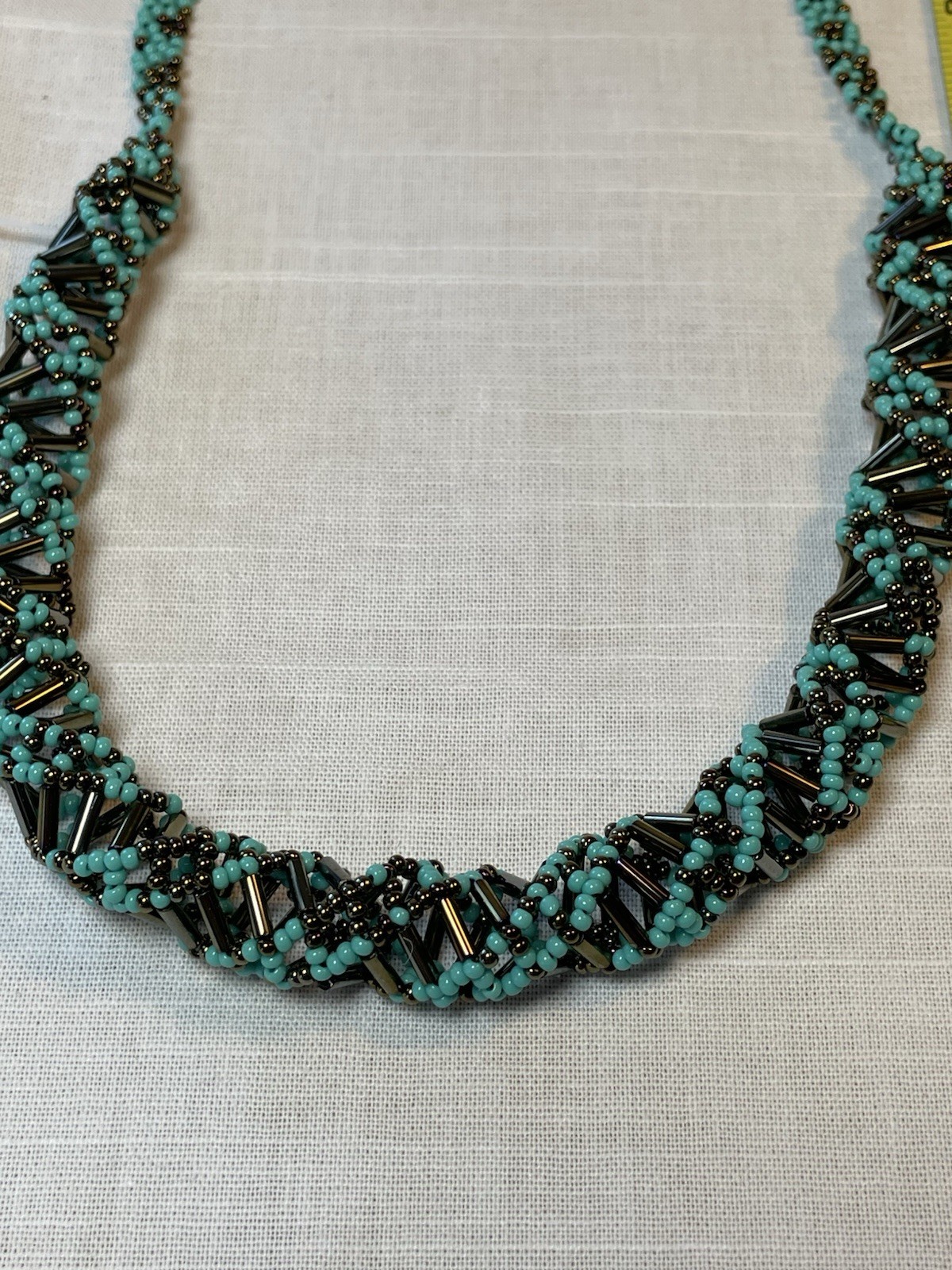 DNA Double Helix Necklace Handmade in Guatemala Czech Glass Beaded Turquoise 24”