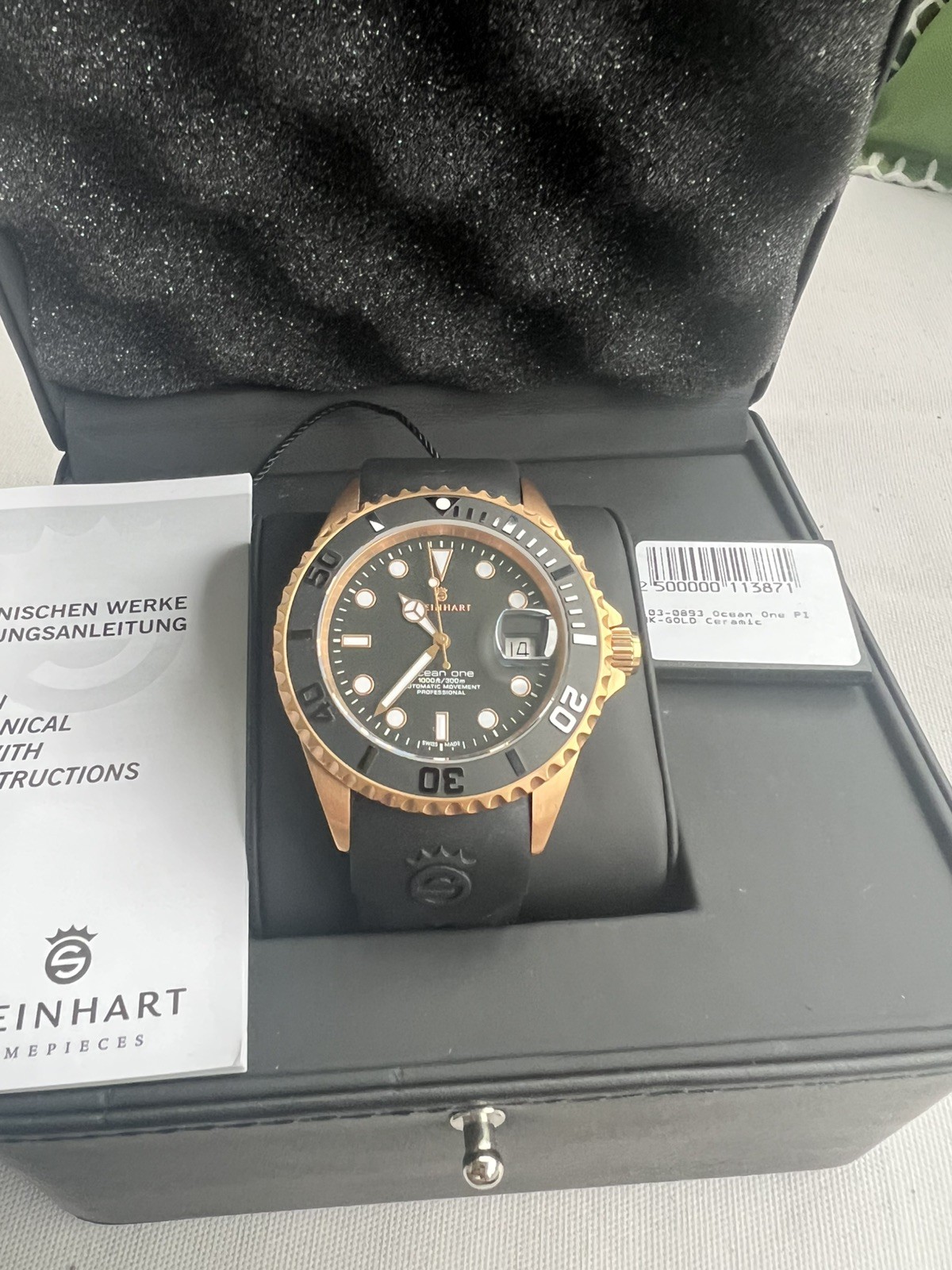 Steinhart Ocean One PINK GOLD 42mm Black Silicone Auto Swiss Dive Watch 103-0893