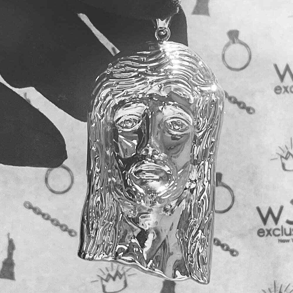 10K White Gold Diamond Cut Jesus Head Religious Charm Pendant 2.5″
