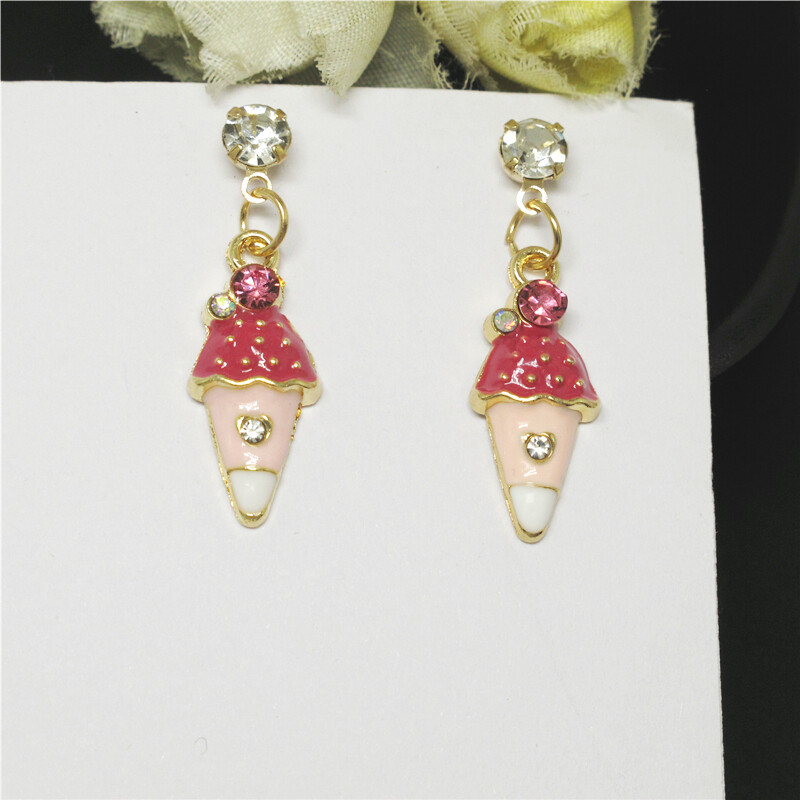 Hot Crystal Pink Enamel Cute Ice Cream Sweet Fashion Women Stand Earring Gifts