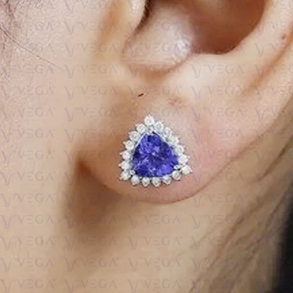 5Ct Trillion Natural Tanzanite & Diamond Stud Pair Earring 18k White Gold Plated