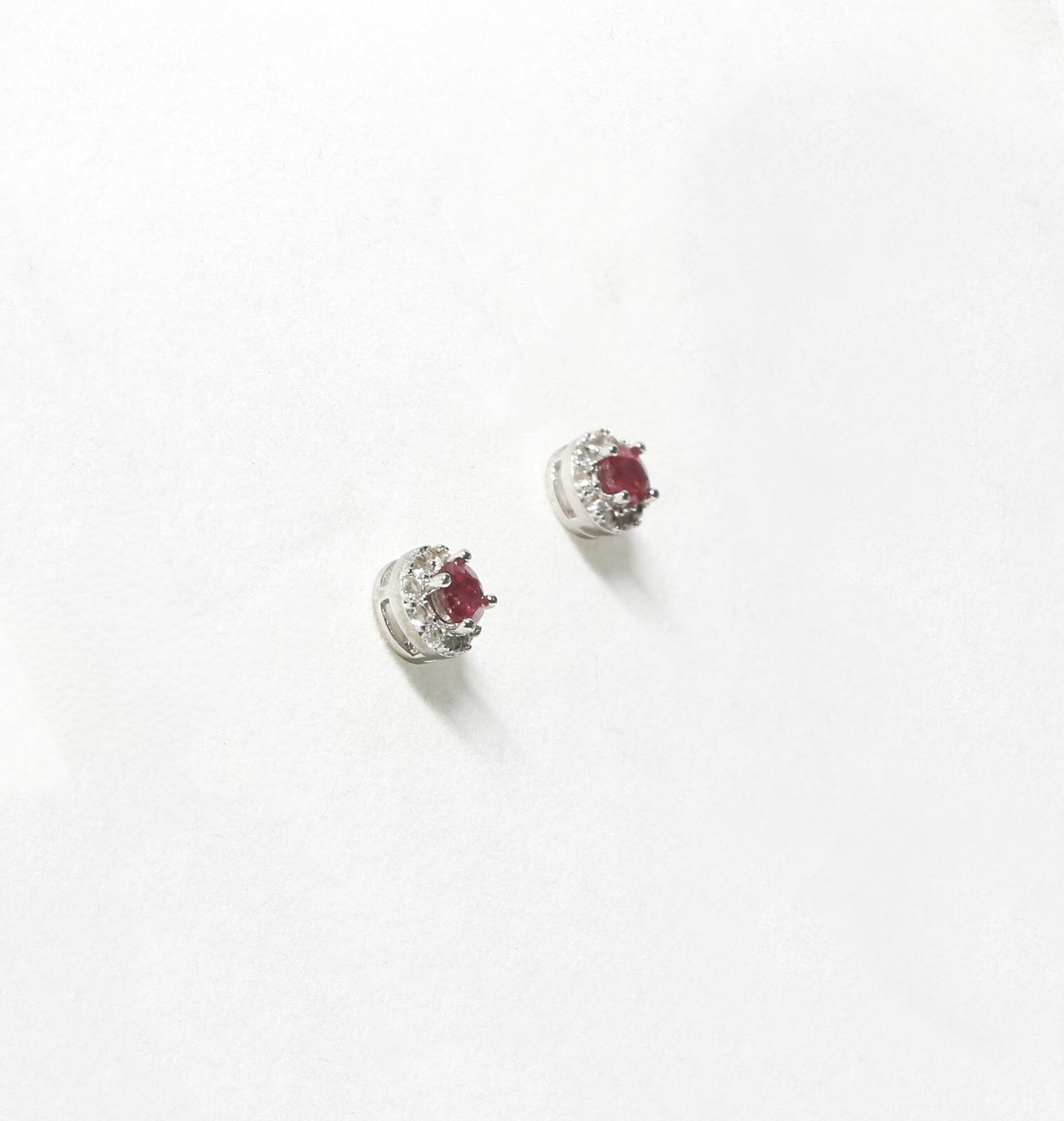Pair Natural Ruby & CZ Halo Style 6.90mm Sterling Silver Stud Pierced Earrings