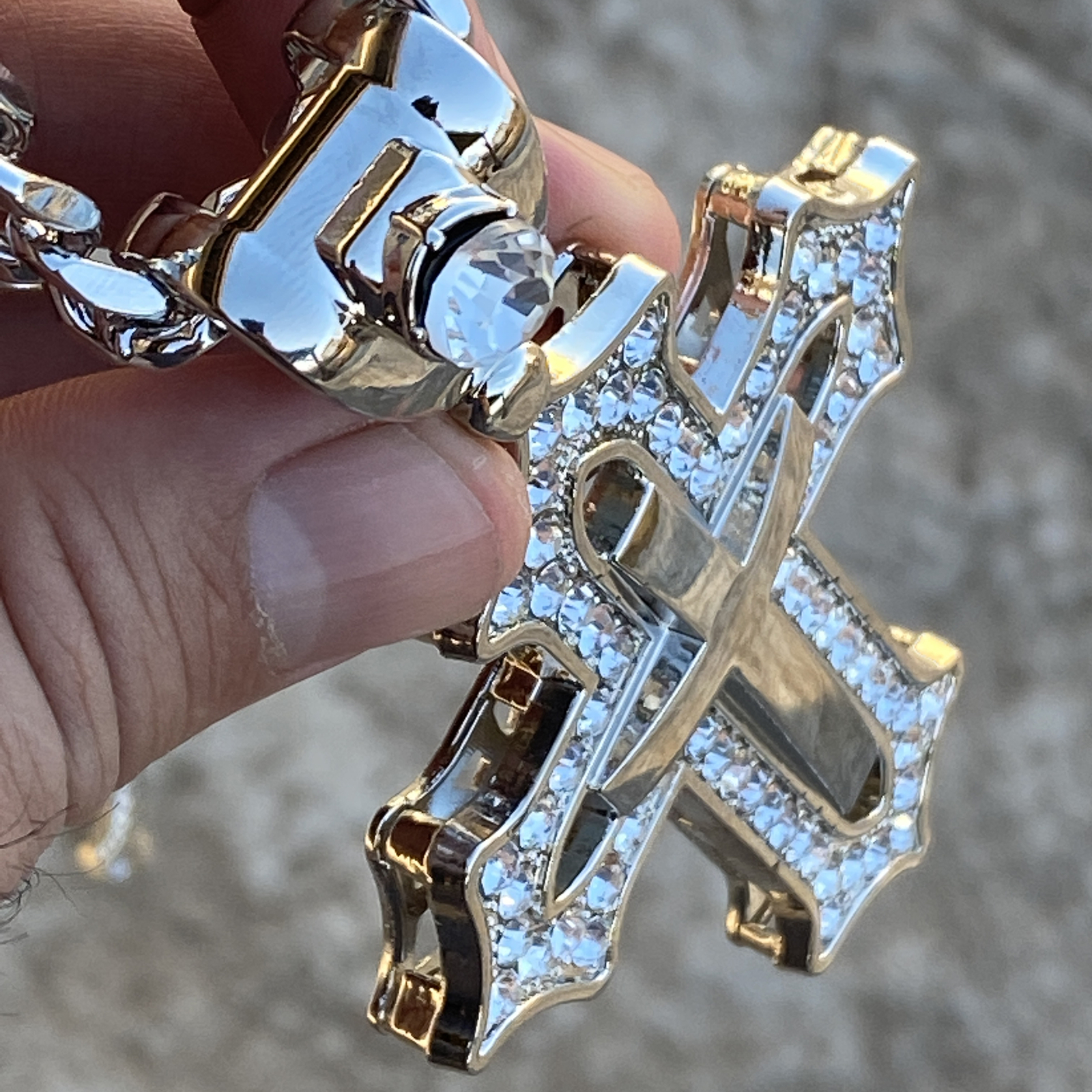 Huge Open Cross Iced Flooded Out CZ Silver Tone Cuban Link Hip Hop Chain 30″