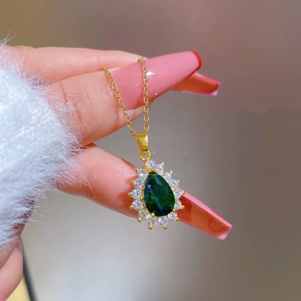18K Gold Plated Crystal Teardrop Emerald Pendant Necklace for Women Gifts