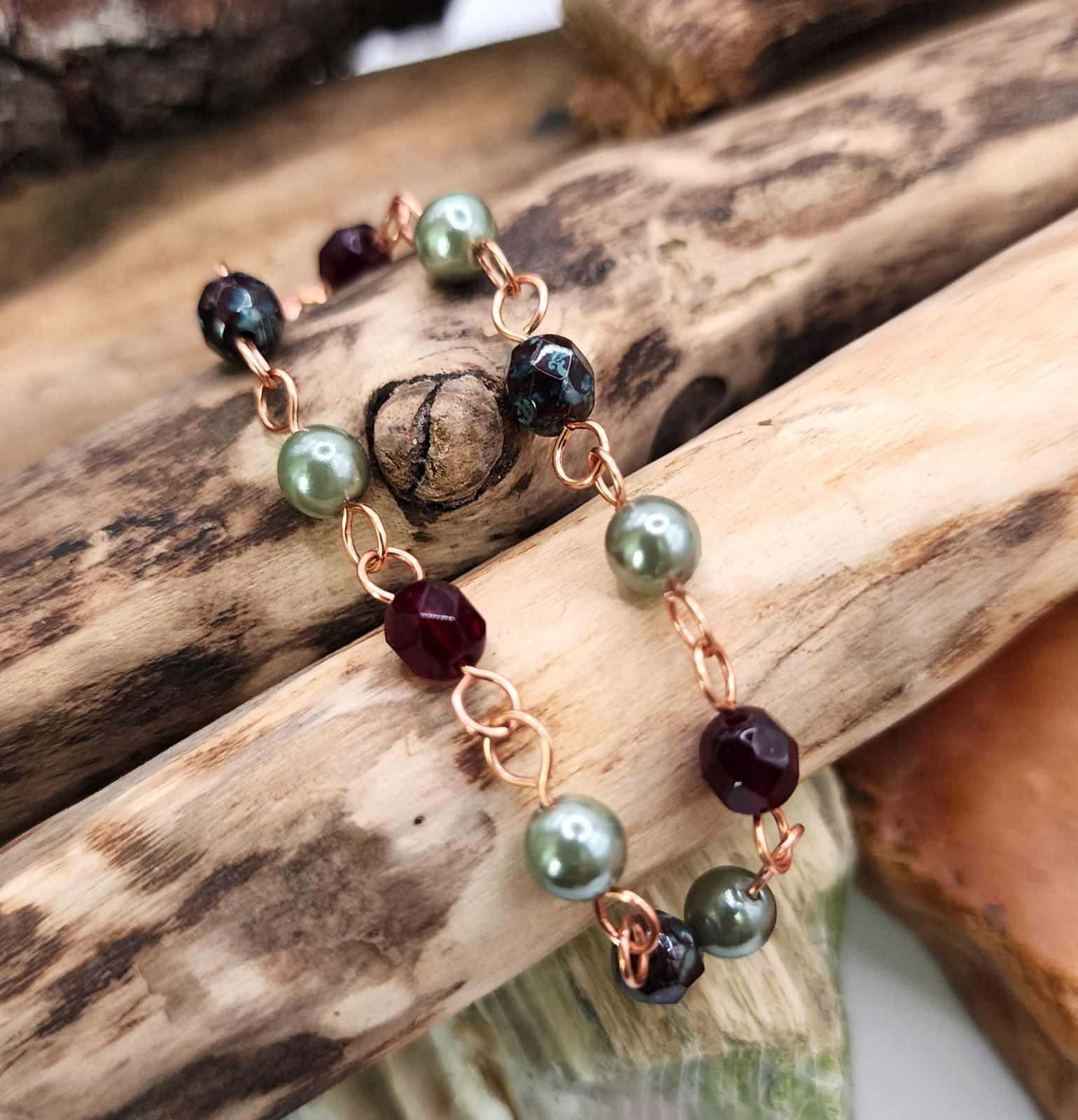 Handcrafted Copper Chain Bracelet with Czech Garnet, Sage Green and Burgundy Red