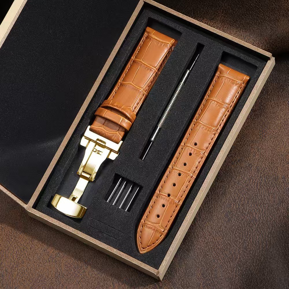 Genuine Leather Watch Band High Quality Cowhide Strap Deployment Clasp 19-24mm