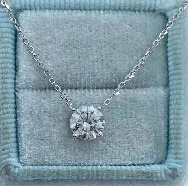 Real Moissanite 2Ct Round Cut Solitaire Pendant 14K White Gold Plated 18″ Chain