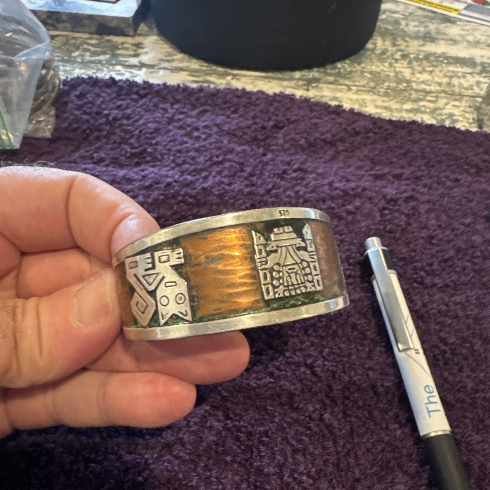 Sterling Stamped Cuff Bracelet with Copper/ Brass Overlay. Mayan Or Aztec Desig