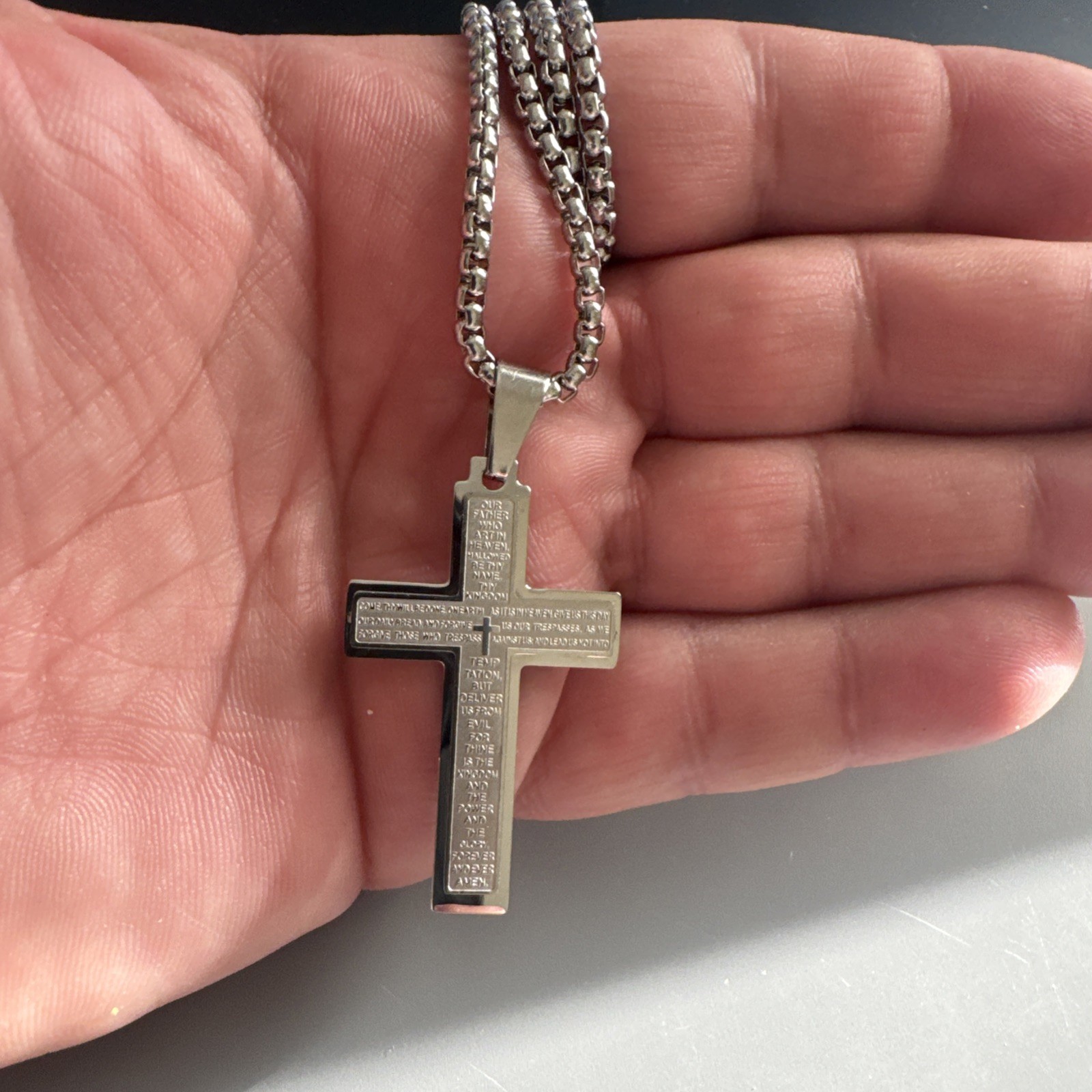 Cross Pendant Scripture Stainless Steel Silver Tone 24” Chain Faith Jesus Gift