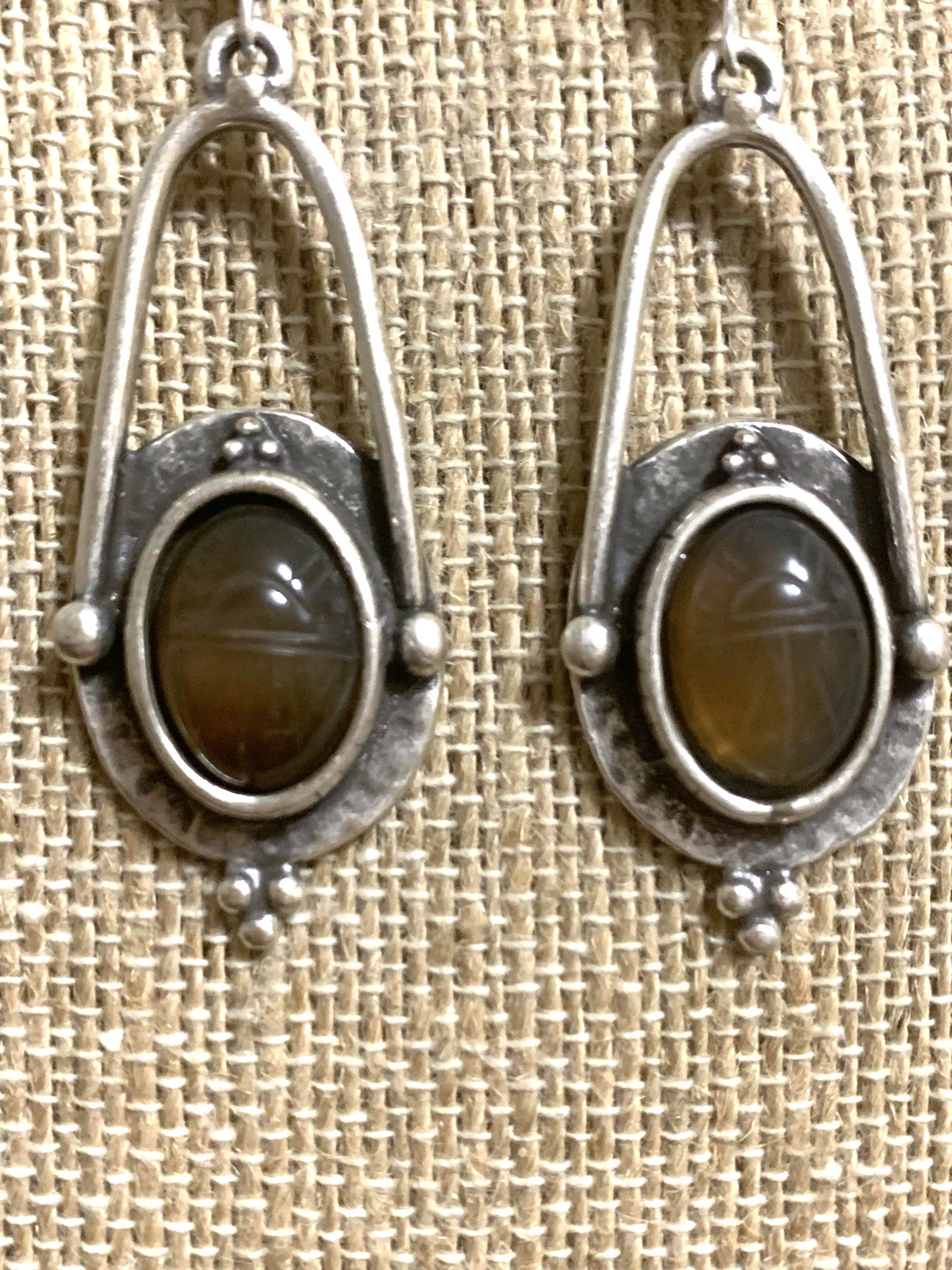 ON SALE*HANDCRAFTED EGYPT CARVED VTG. AMBER CHALCEDONY SCARAB EARRINGS-NEW.s