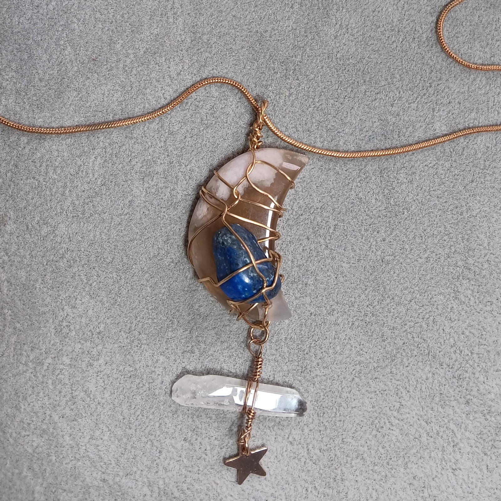 Wire Wrapped Jewelry Moon Pendant Star Necklace Agate Quartz Crystal Lapis Stone