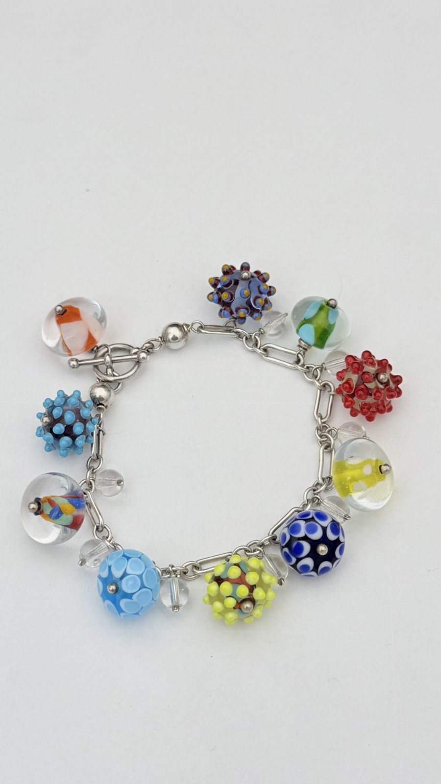 Sterling Silver Lampwork Glass Charm Bracelet 7.5” 35.4g Murano Style